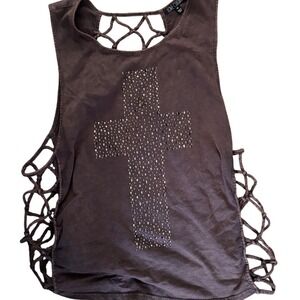 Love Culture Rhinestone Inverted Cross Cage Cutout Tank Top Charcoal Gray Medium